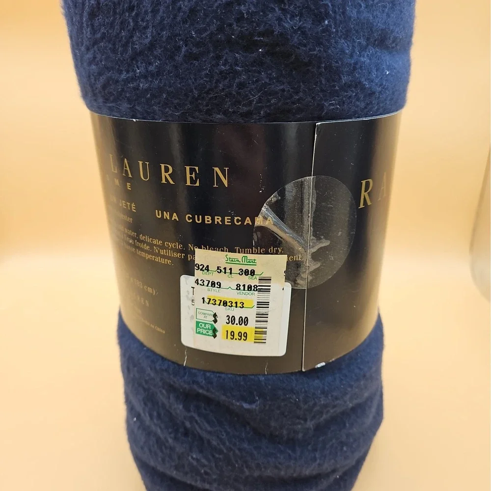 Ralph Lauren Home Fleece Throw Blanket Polo Bear Navy Blue Red Stitch New NOS